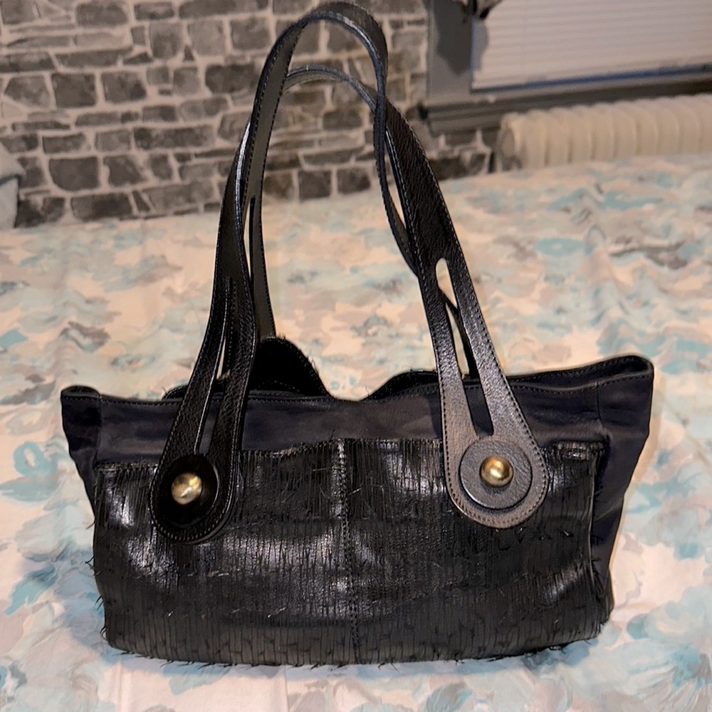 GIANNI CHIARINI Genuine Leather Double Handle Satchel Unique String Pattern BNNT